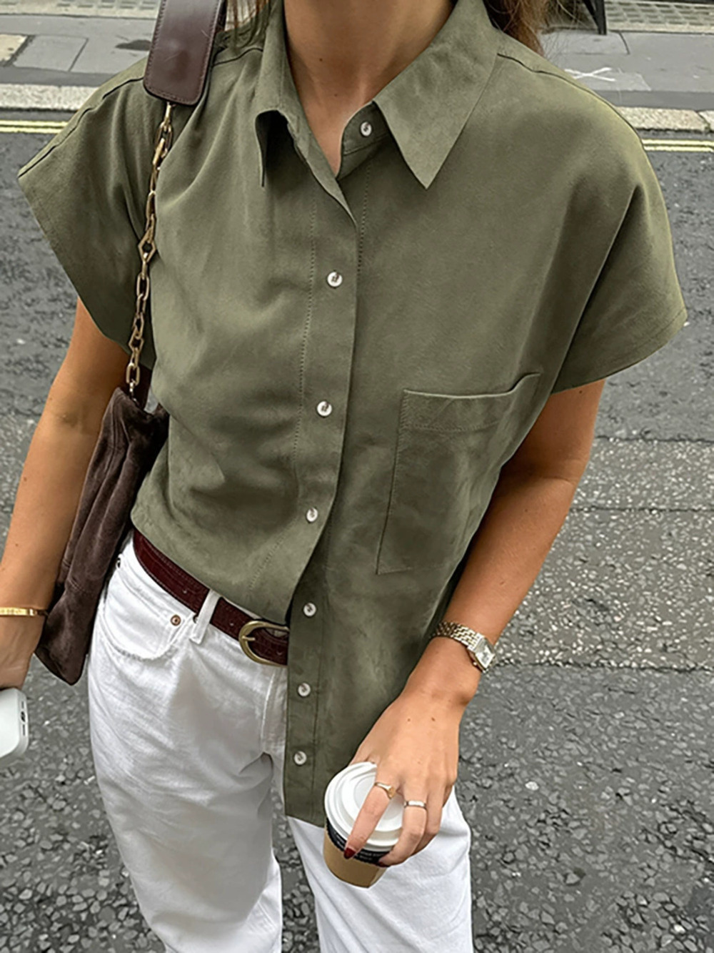 Zara Spring Summer Casual Loose Collar Short Sleeve Green Midi Top